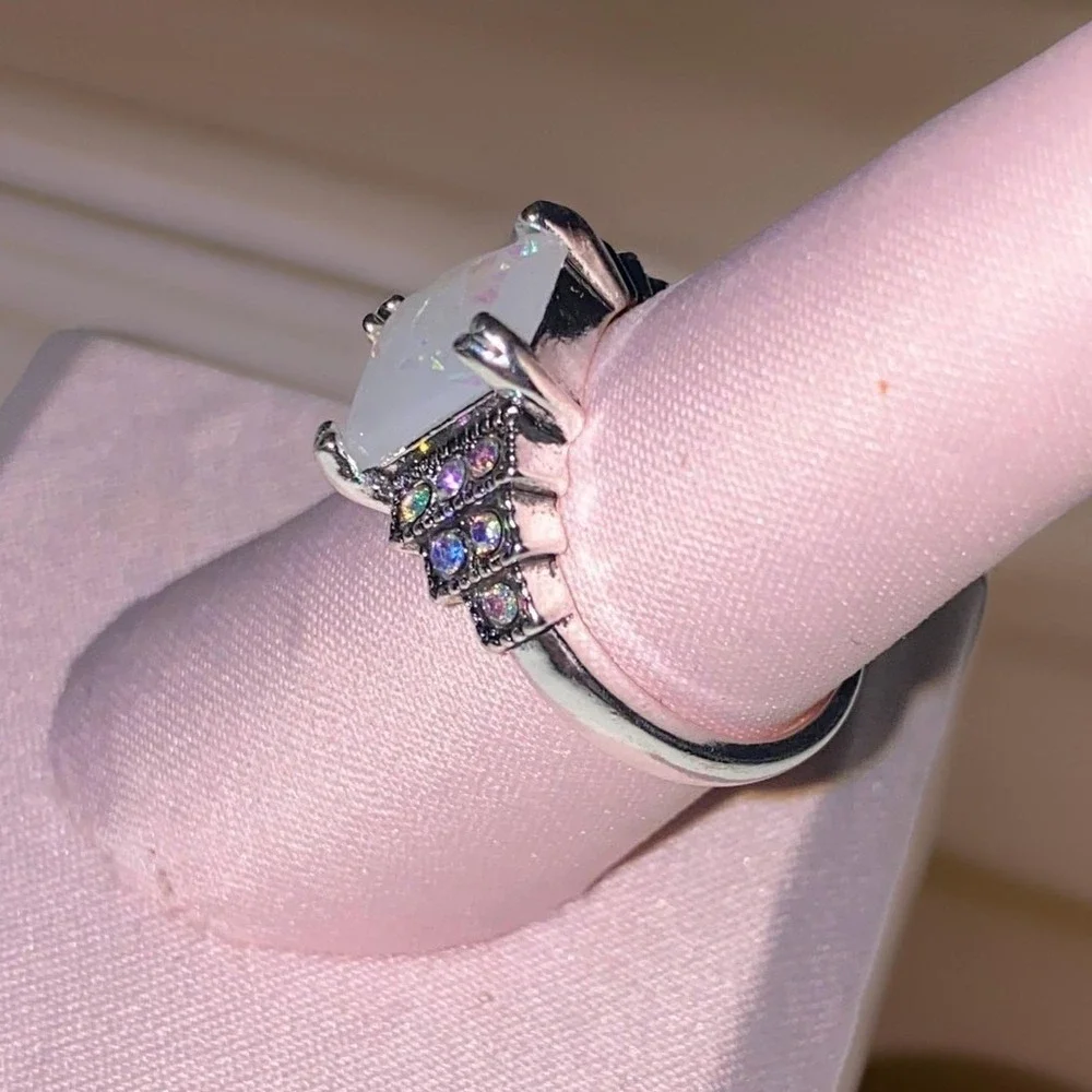 New Sz 9 Silver Opal Tiered Cluster Statement Square Cocktail Ring